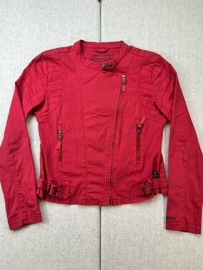 Vintage Red Cotton Moto Jacket Asymmetric Zip Biker Indie Sleaze Cropped Sz XL